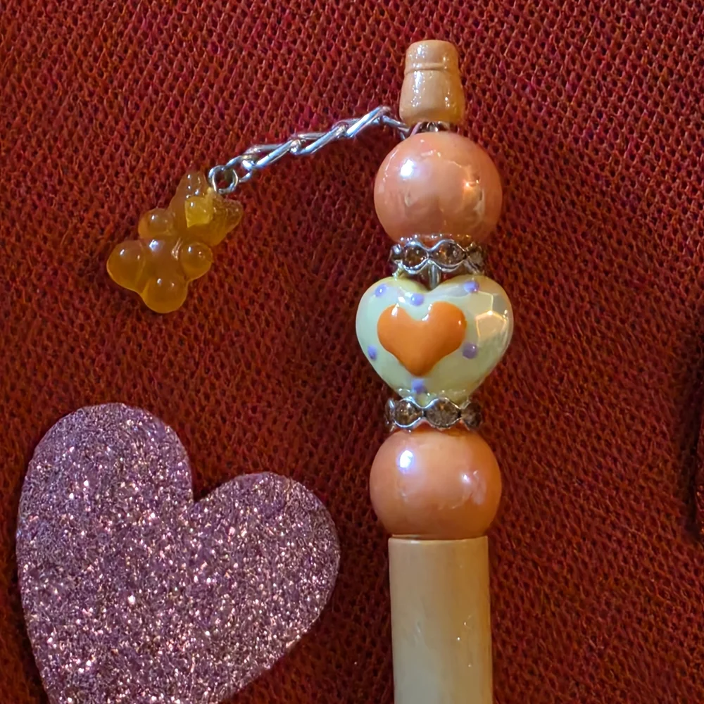 Heart Charm Beaded Pen - Orange and Cream